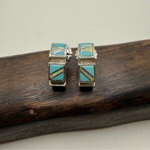 Sterling Silver Turquoise Opal Earrings Half Hoop Pierced 925 Backing Square